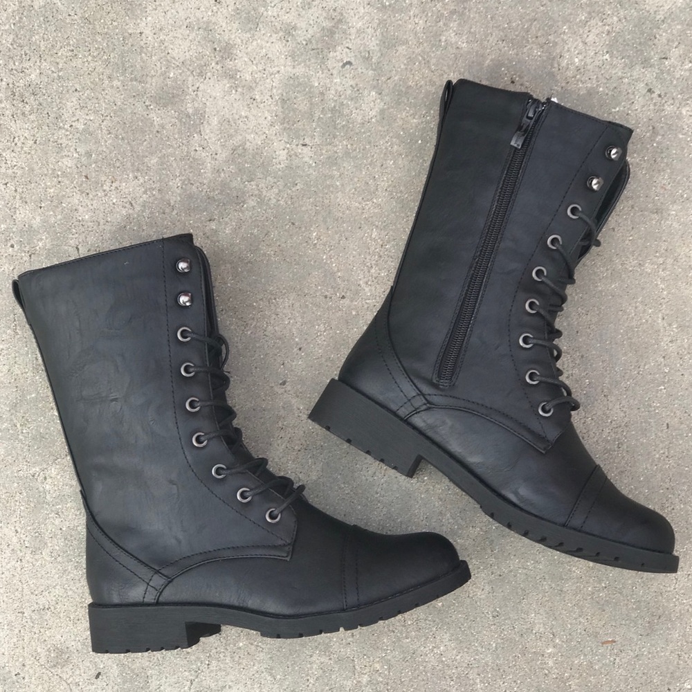 Combat Black Block Lug Heel Military Moto Boots 10 - Picture 2 of 8